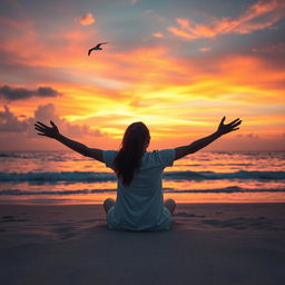 A surreal and ethereal scene on a beach during sunset, where a person is sitting peacefully with their arms extended out, but their hands are digitally removed, creating an otherworldly effect