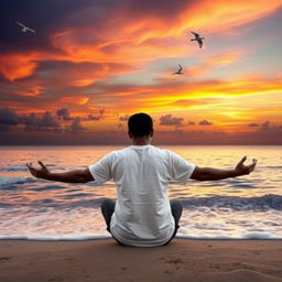 A surreal and ethereal scene on a beach during sunset, where a person is sitting peacefully with their arms extended out, but their hands are digitally removed, creating an otherworldly effect