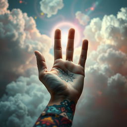 A surreal artistic image showcasing a close-up of a person's hand, but the fingers are artistically omitted, creating a sense of abstraction