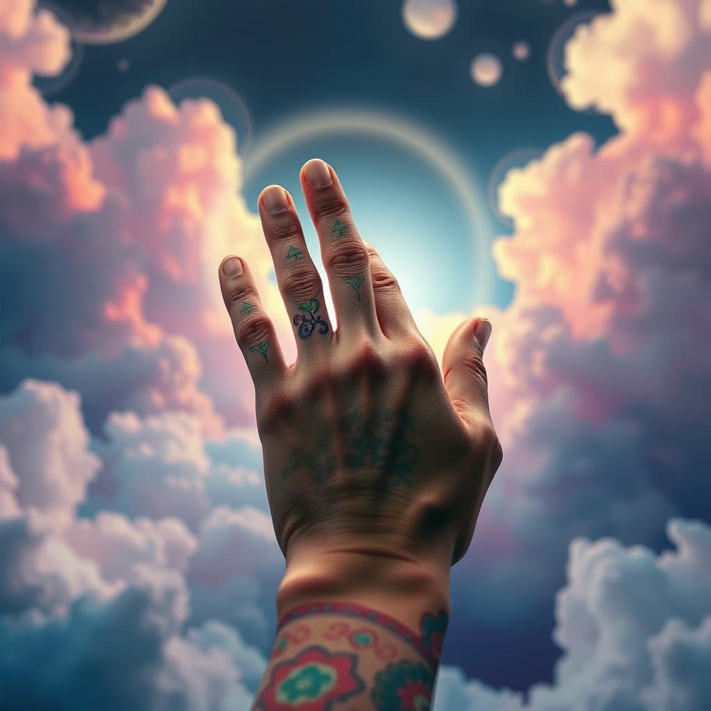 A surreal artistic image showcasing a close-up of a person's hand, but the fingers are artistically omitted, creating a sense of abstraction