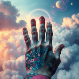 A surreal artistic image showcasing a close-up of a person's hand, but the fingers are artistically omitted, creating a sense of abstraction