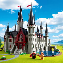 A detailed and vibrant recreation of a Lego Harry Potter castle, featuring iconic elements such as the grand Great Hall, tall spires, and intricate stonework