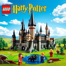 A detailed and vibrant recreation of a Lego Harry Potter castle, featuring iconic elements such as the grand Great Hall, tall spires, and intricate stonework