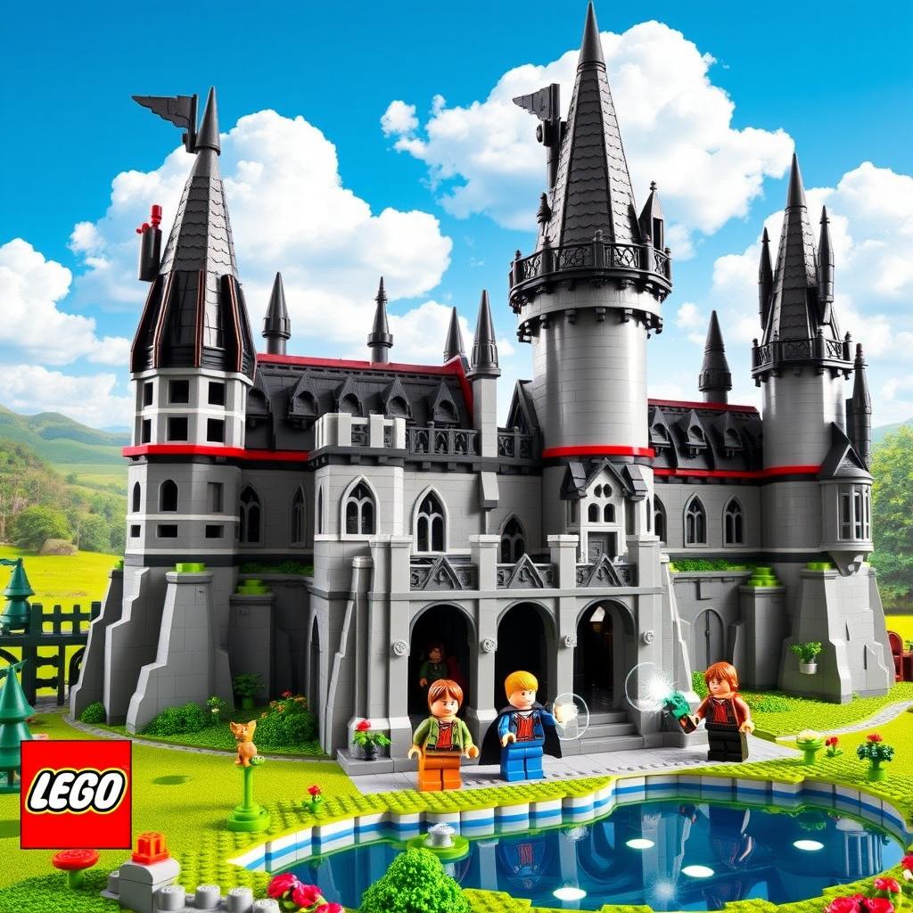 A detailed and vibrant recreation of a Lego Harry Potter castle, featuring iconic elements such as the grand Great Hall, tall spires, and intricate stonework