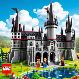 A detailed and vibrant recreation of a Lego Harry Potter castle, featuring iconic elements such as the grand Great Hall, tall spires, and intricate stonework