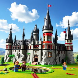 A detailed and vibrant recreation of a Lego Harry Potter castle, featuring iconic elements such as the grand Great Hall, tall spires, and intricate stonework