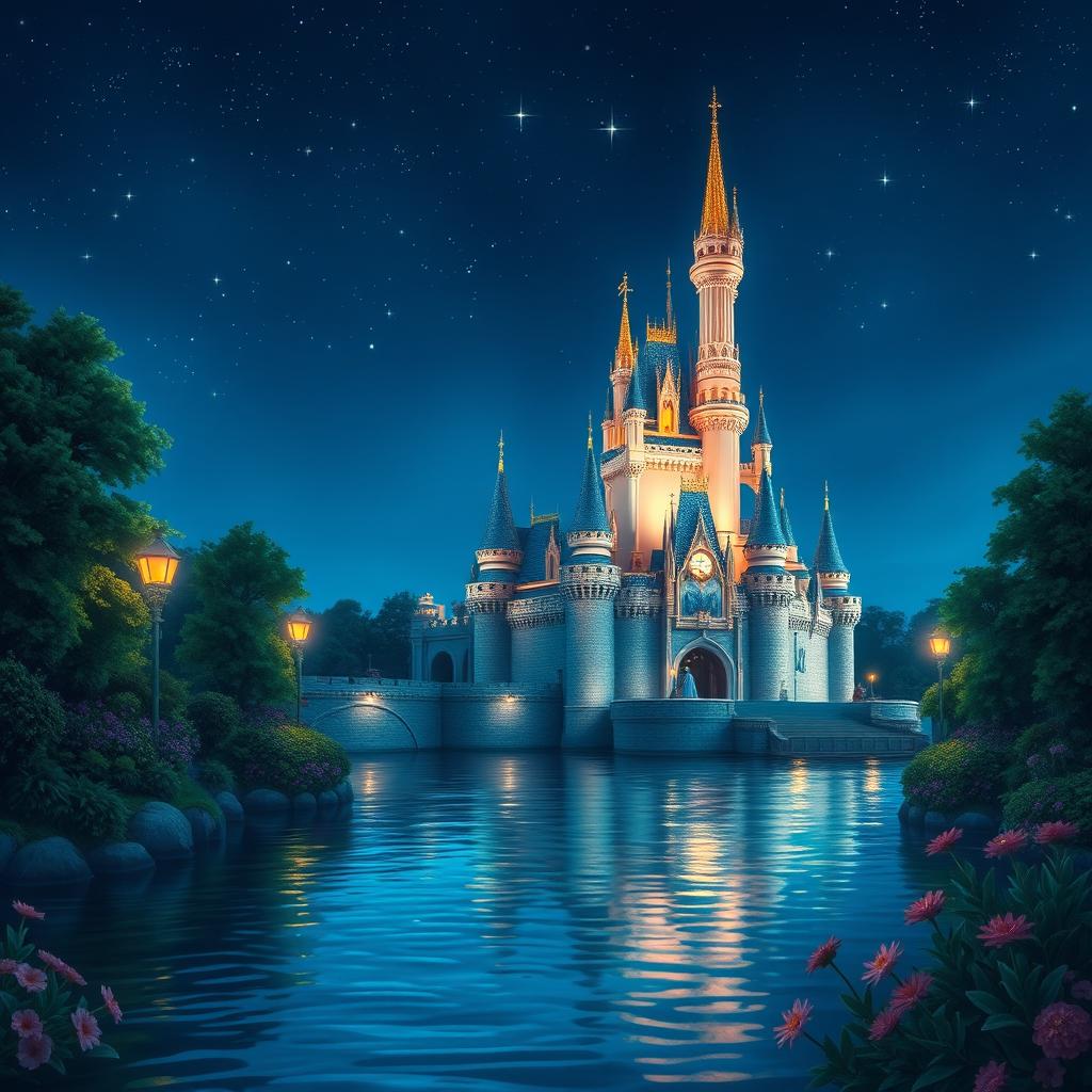 A stunning depiction of a Disney castle at night, illuminated by soft fairy lights and glowing under a starry sky