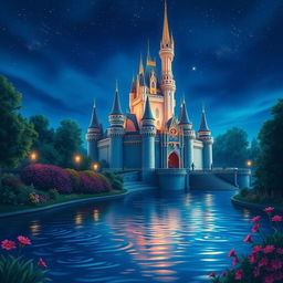 A stunning depiction of a Disney castle at night, illuminated by soft fairy lights and glowing under a starry sky
