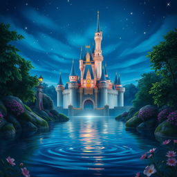 A stunning depiction of a Disney castle at night, illuminated by soft fairy lights and glowing under a starry sky