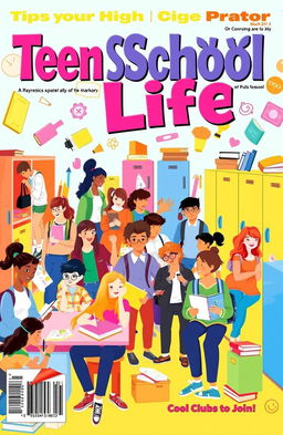 A vibrant and colorful magazine cover featuring a high school scene, showcasing diverse students engaged in various school activities like studying, collaborating on projects, and socializing in a bright, cheerful environment
