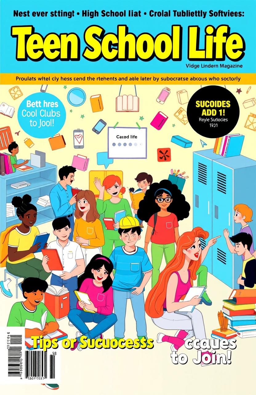 A vibrant and colorful magazine cover featuring a high school scene, showcasing diverse students engaged in various school activities like studying, collaborating on projects, and socializing in a bright, cheerful environment