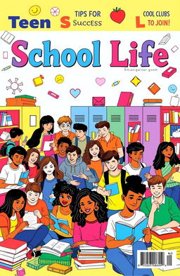 A vibrant and colorful magazine cover featuring a high school scene, showcasing diverse students engaged in various school activities like studying, collaborating on projects, and socializing in a bright, cheerful environment