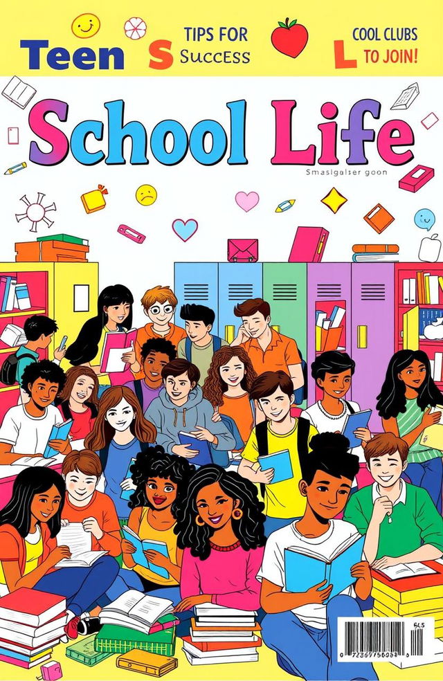 A vibrant and colorful magazine cover featuring a high school scene, showcasing diverse students engaged in various school activities like studying, collaborating on projects, and socializing in a bright, cheerful environment