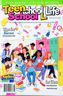 A vibrant and colorful magazine cover featuring a high school scene, showcasing diverse students engaged in various school activities like studying, collaborating on projects, and socializing in a bright, cheerful environment