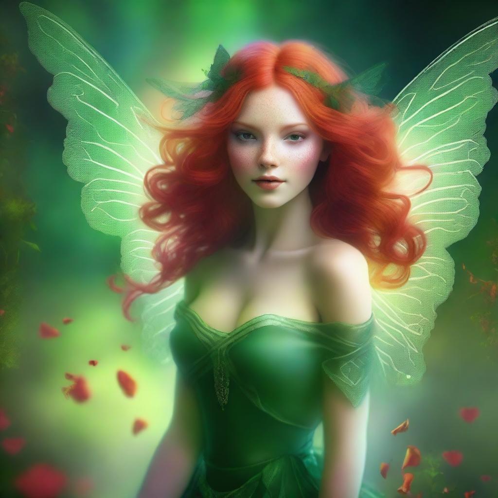 A magical, high quality digital art depiction of a green fairy with vibrant red hair