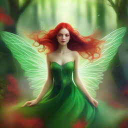 A magical, high quality digital art depiction of a green fairy with vibrant red hair