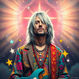 A surreal artwork depicting Kurt Cobain with silver hair, embodying a new wave aesthetic, styled as a modern-day Jesus