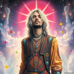 A surreal artwork depicting Kurt Cobain with silver hair, embodying a new wave aesthetic, styled as a modern-day Jesus