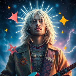A surreal artwork depicting Kurt Cobain with silver hair, embodying a new wave aesthetic, styled as a modern-day Jesus