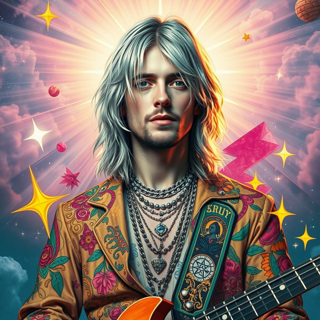 A surreal artwork depicting Kurt Cobain with silver hair, embodying a new wave aesthetic, styled as a modern-day Jesus