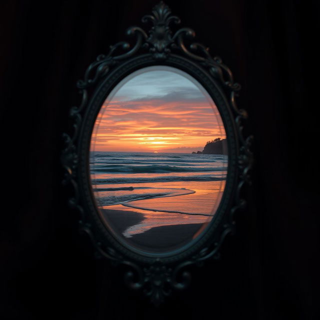 A mysterious and enchanting scene featuring a beautifully ornate antique mirror set in a dimly lit, cozy room