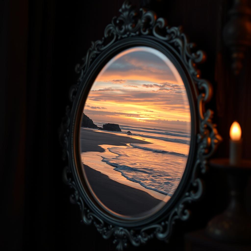 A mysterious and enchanting scene featuring a beautifully ornate antique mirror set in a dimly lit, cozy room