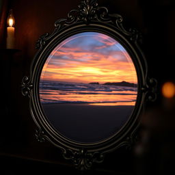 A mysterious and enchanting scene featuring a beautifully ornate antique mirror set in a dimly lit, cozy room