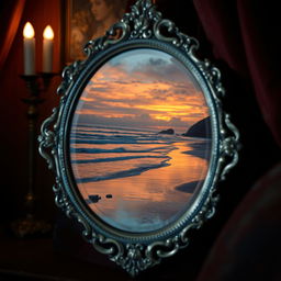 A mysterious and enchanting scene featuring a beautifully ornate antique mirror set in a dimly lit, cozy room