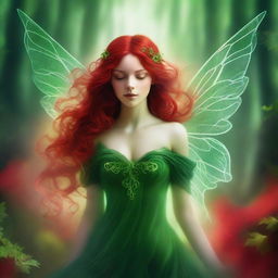 A magical, high quality digital art depiction of a green fairy with vibrant red hair