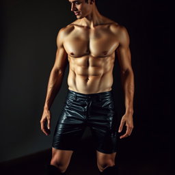 A stunning young man with a beautifully sculpted physique, showcasing his athletic frame while wearing tight leather shorts and high black boots