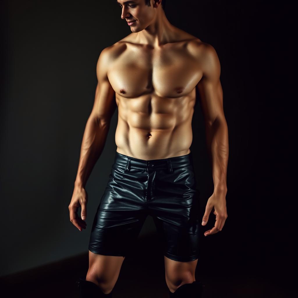 A stunning young man with a beautifully sculpted physique, showcasing his athletic frame while wearing tight leather shorts and high black boots