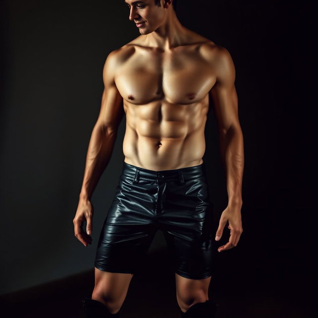 A stunning young man with a beautifully sculpted physique, showcasing his athletic frame while wearing tight leather shorts and high black boots