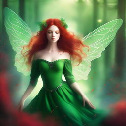 A magical, high quality digital art depiction of a green fairy with vibrant red hair