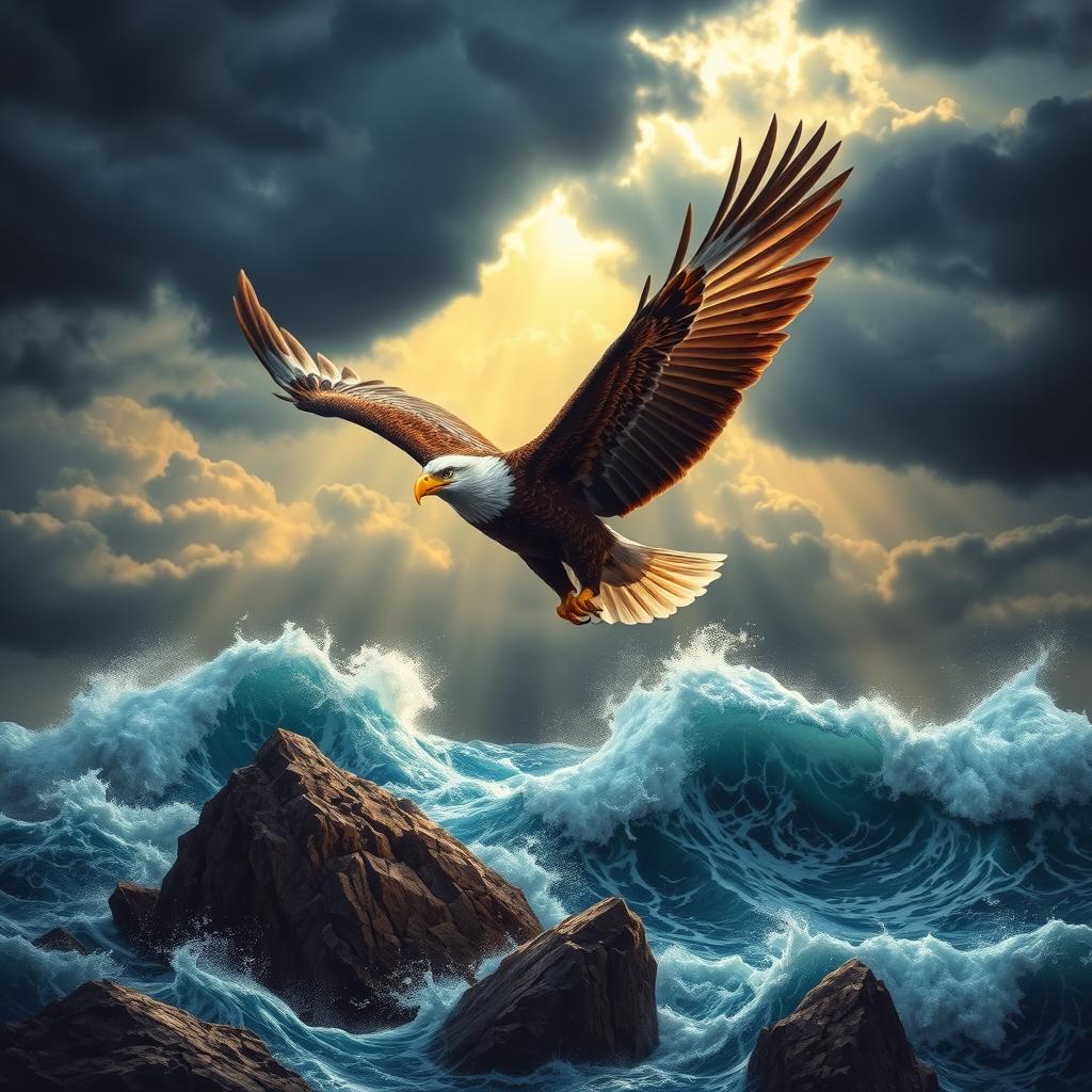 A majestic eagle soaring high above a tumultuous storm, symbolizing trust and strength