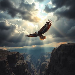 A serene and inspiring landscape depicting an eagle soaring majestically above a stormy sky, with turbulent dark clouds contrasted by rays of sunlight breaking through