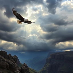 A serene and inspiring landscape depicting an eagle soaring majestically above a stormy sky, with turbulent dark clouds contrasted by rays of sunlight breaking through