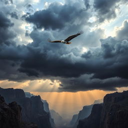 A serene and inspiring landscape depicting an eagle soaring majestically above a stormy sky, with turbulent dark clouds contrasted by rays of sunlight breaking through