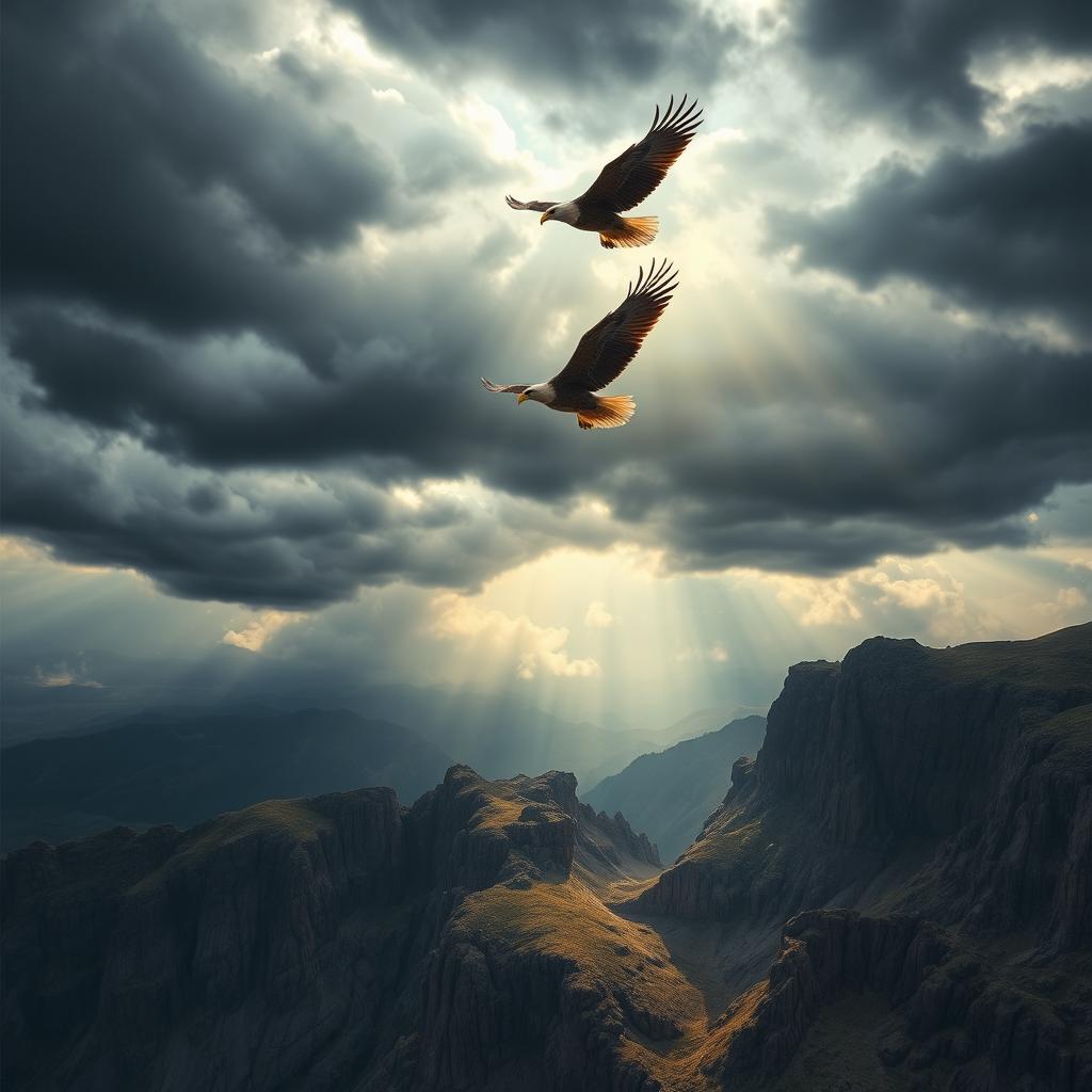 A serene and inspiring landscape depicting an eagle soaring majestically above a stormy sky, with turbulent dark clouds contrasted by rays of sunlight breaking through