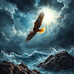 A powerful scene depicting an eagle soaring majestically above a storm, symbolizing the faith and trust in God