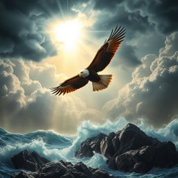A powerful scene depicting an eagle soaring majestically above a storm, symbolizing the faith and trust in God