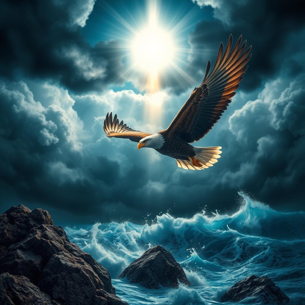 A powerful scene depicting an eagle soaring majestically above a storm, symbolizing the faith and trust in God