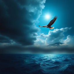 A serene landscape depicting an eagle soaring majestically above a stormy sea