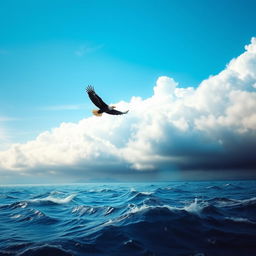 A serene landscape depicting an eagle soaring majestically above a stormy sea
