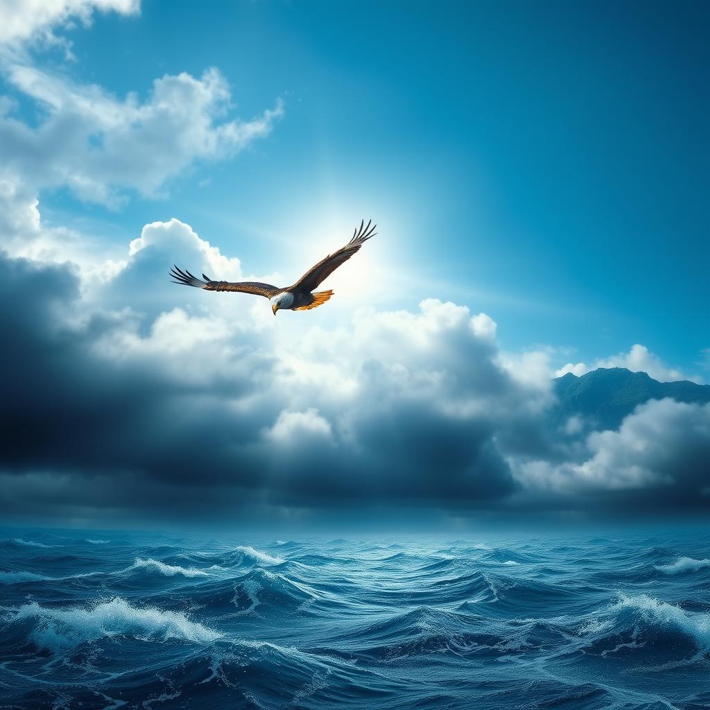 A serene landscape depicting an eagle soaring majestically above a stormy sea