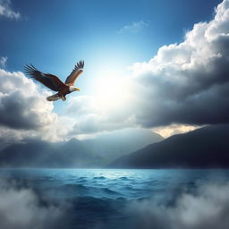 A serene landscape depicting an eagle soaring majestically above a stormy sea