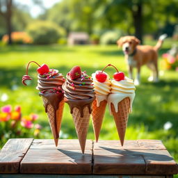 A colorful assortment of ice cream cones displayed on a vintage wooden table