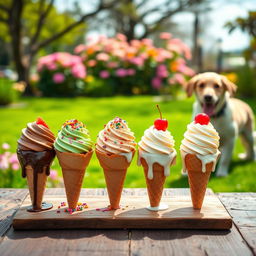 A colorful assortment of ice cream cones displayed on a vintage wooden table
