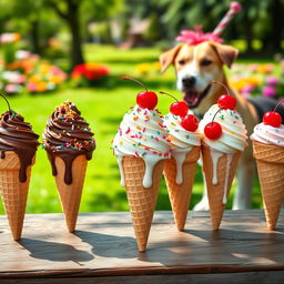 A colorful assortment of ice cream cones displayed on a vintage wooden table