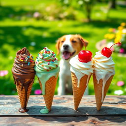 A colorful assortment of ice cream cones displayed on a vintage wooden table