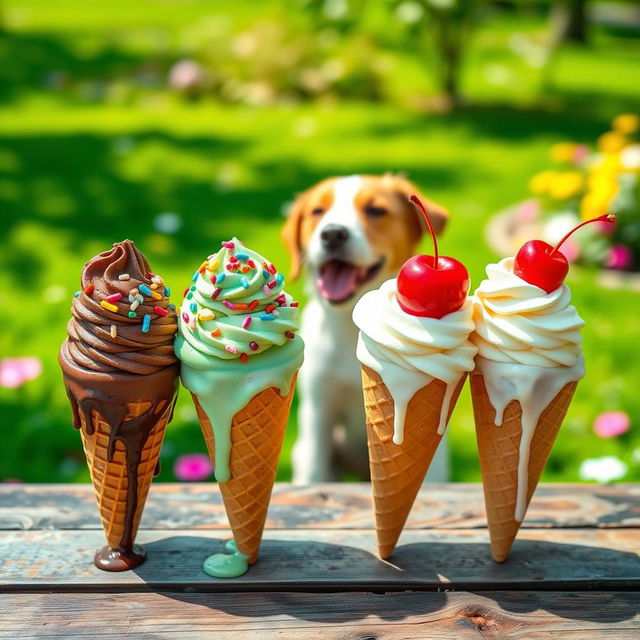 A colorful assortment of ice cream cones displayed on a vintage wooden table
